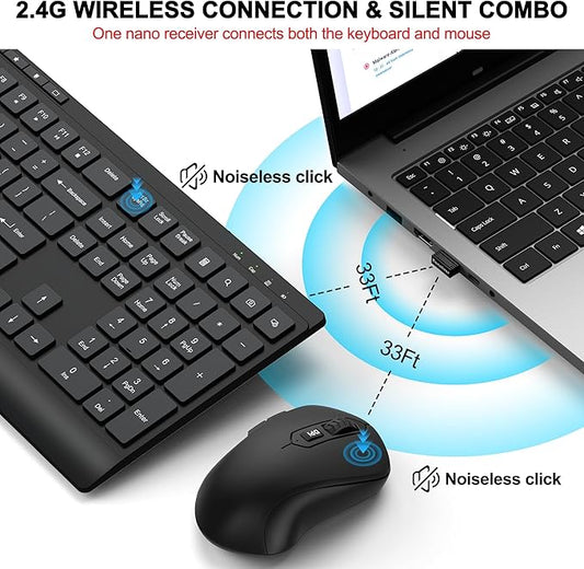 Wireless Keyboard and Mouse Combo, Full Size Quiet Key Computer Keyboard and Cordless Mice with 3 DPI Adjustable, 2.4G Lag-Free, Long Battery Life, Compatible with Windows and Mac Systems, Black