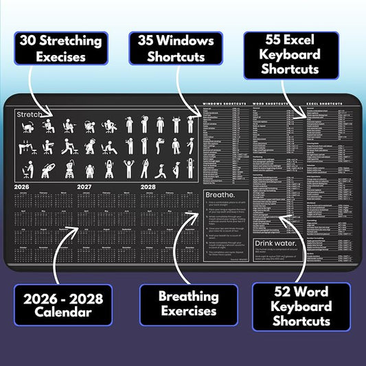 Productivity Desk Mat for Windows – Keyboard Shortcuts, Wellness Guide & 3-Year Calendar | XL Office Mouse Pad for Excel, Word & System Commands | Ergonomic Workspace Mat