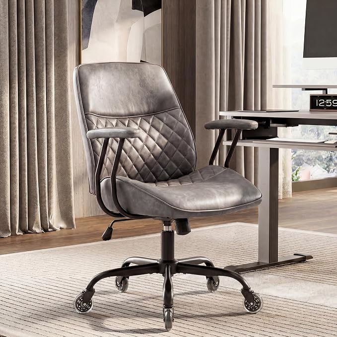 NEO CHAIR Ergonomic Leather Office Desk Chair with Adjustable Armrests Mid Back Lumbar Support Swivel Executive Computer Chair with Wheels Comfy Home Office Chair for Adults (Grey)