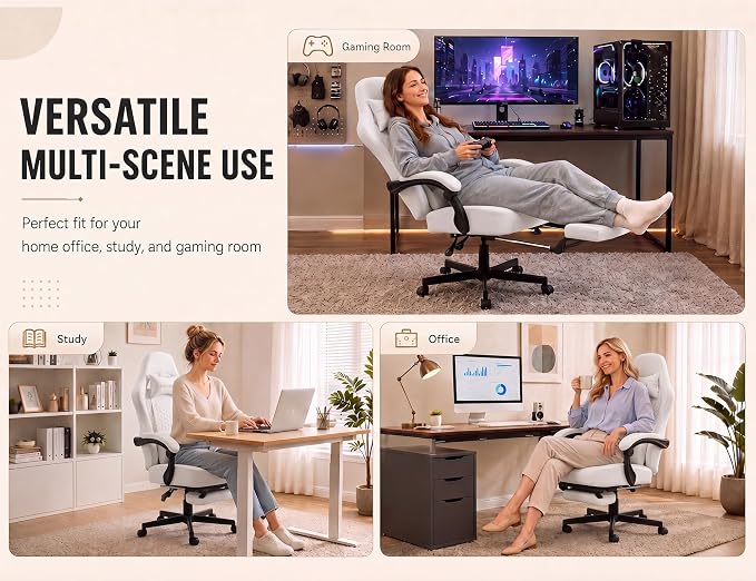 Office Desk Computer Gaming Chair for Adults, Ergonomic High Back Gamer Chair with Massage and Pocket Spring Cushion, Swivel Comfy Video Game Chairs with Footrest and Lumbar Supporrt (Pro White)