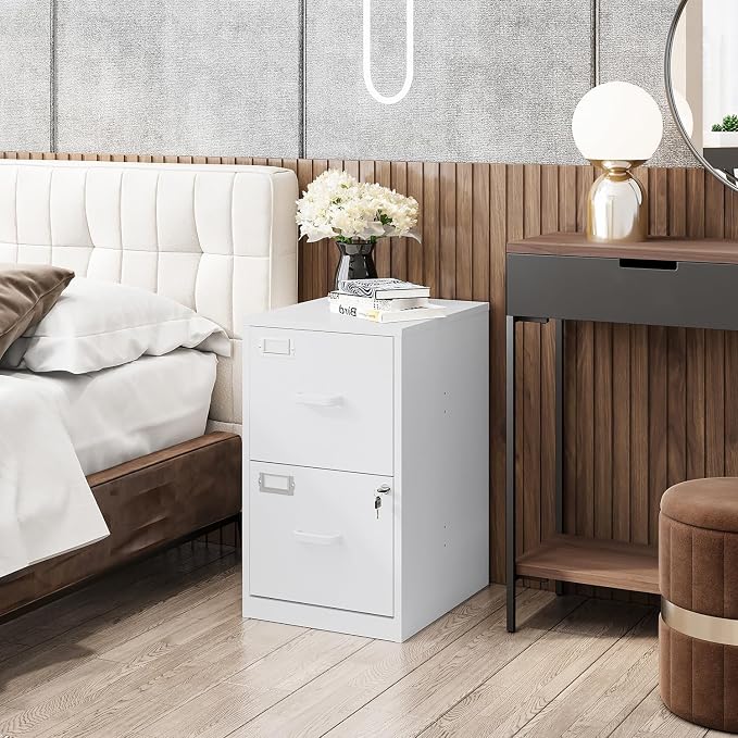 Fesbos 2 Drawers File Cabinet White Metal Vertical Filing Cabinets Metal Lockable Storage Cabinets with Lock for Home Office to Hanging Files
