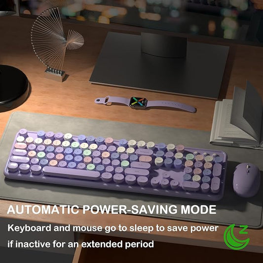 Links9+ Wireless Keyboard and Mouse, Full-Size Retro Typewriter Keyboard with Round Keycaps, 2.4GHz for Windows, Mac, Laptop, PC, Desktop (Purple Colorful)