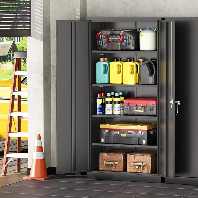 INTERGREAT Metal Garage Storage Cabinet with Lock, 72" Storage Cabinet with Locking Doors and 4 Adjustable Shelves, Lockable Steel Tool Cabinet for Home Office, School, Black