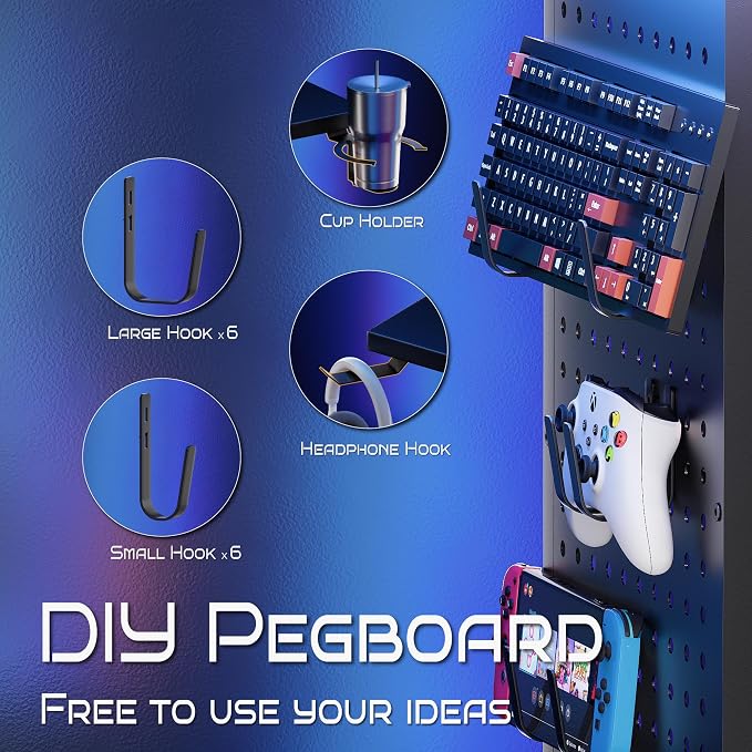 Pamray Small Gaming Desk Rolling Computer Table White | Movable, with Led Lights Power Outlets, with Storage Pegboard and Hook, Sturdy, Suitable for Study Gaming Bedroom Dorm