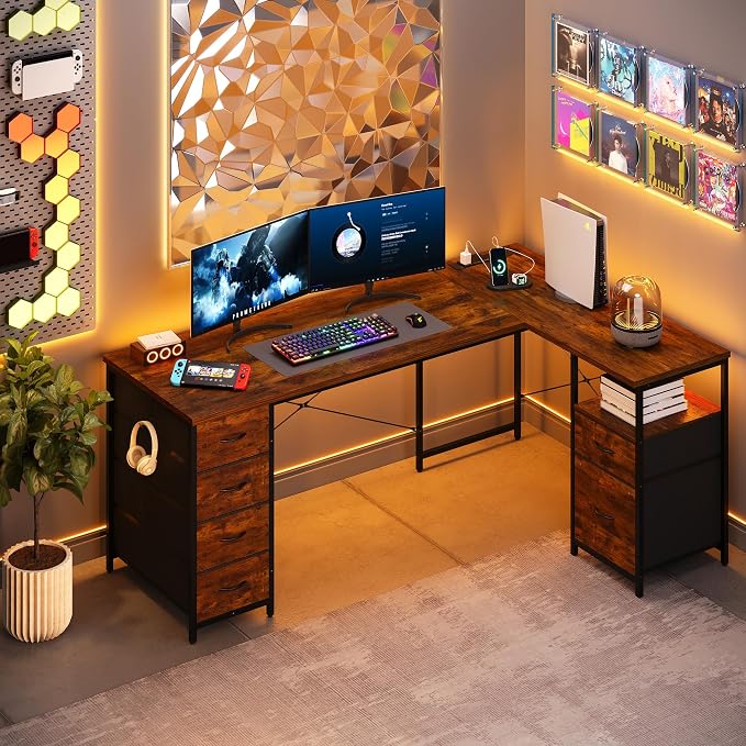 YOUDENOVA 63 Inch L Shaped Desk with Power Outlets & Type-C Port, Reversible Corner Computer Desk with 6 Drawers & File Cabinet, Large Workstation for Home Office, Gaming, Study, Rustic Brown