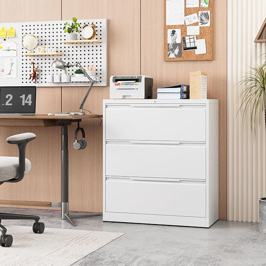 3-Drawer Metal File Cabinet with Lock,Steel Printer Stand with Storage for Home Office,Lateral Filing Cabinet for Legal/Letter/A4 Files,Assembly Required(35.43''W-3 Drawers,White)