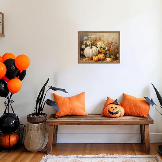 Framed Fall Pumpkin Wall Art - White Pumpkin and Autumn Floral Canvas Print, Rustic Farmhouse Harvest Halloween Thanksgiving Wall Decor for Living Room Bedroom Dining Room, 8x10in Wood Frame