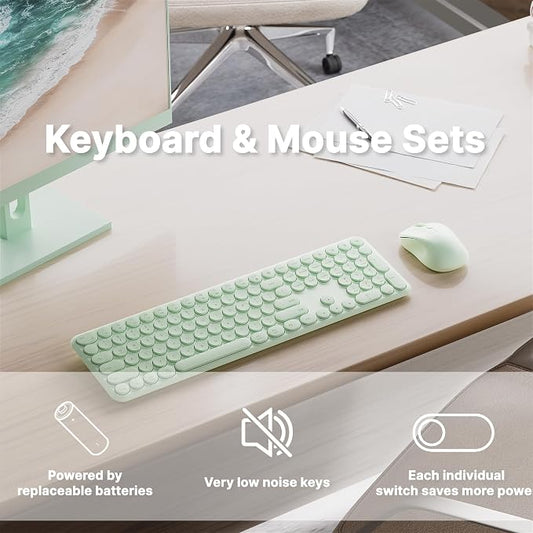 Wireless Keyboard and Mouse Combo with 110 Round Keycaps, Power Switch, and Scissor-Switch Typing Feel – Ideal for Office Use (Green)