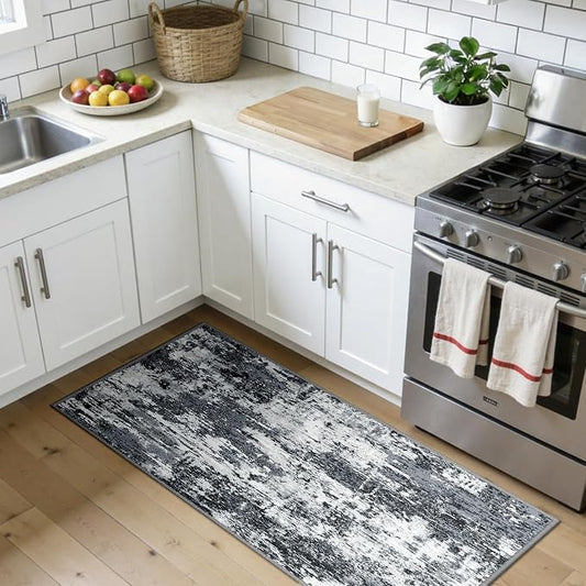 RELEANY Washable Area Rugs 2'x5' Non-Slip Modern Abstract Soft for Living Room Entryway Bedroom Kitchen, Print Pattern, Black Navy Blue Gray
