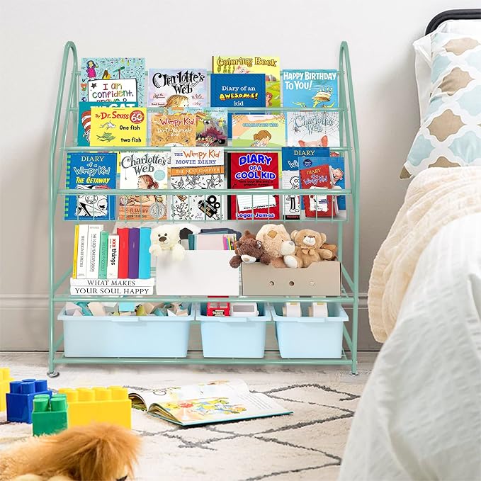 aboxoo Metal Kids Bookshelf Green Freestanding for Children Room 32 in Toy Organizer Book Unit Storage Large Green Stable Bookcase Bookstore Living Room Bed Room Library