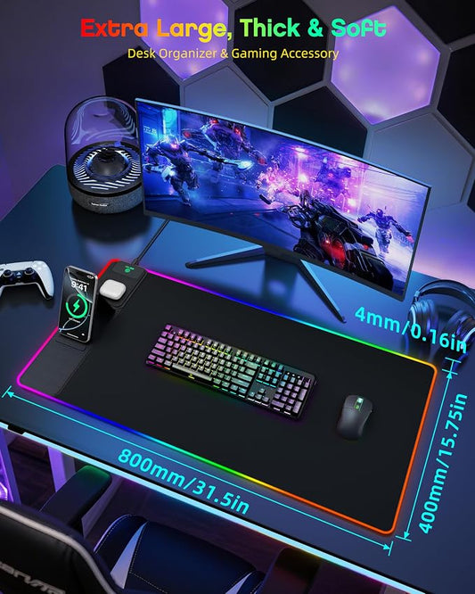 Wireless Charging Mouse Pad with Phone Stand, 31.5"x15.8" Large | Gaming Mousepad RGB Desk Mat, Smooth Glide, Stitched Edge, Non-Slip Rubber Base, Waterproof Keyboard Mat, with Adatper