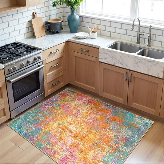 RELEANY Washable Area Rugs 3'x5' Non-Slip Modern Abstract Soft for Living Room Entryway Bedroom Kitchen, Print Pattern, Orange Blue Pink Yellow Colorful