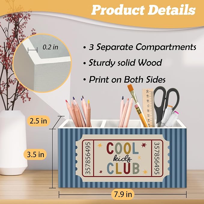 Classroom Pen Holder Organizer for Desk Accessories, Kids Room Decor, Cool Kids Club Retro Blue Striped Wooden Box Sign Desk Decorations for Classroom Boys Girls Room Bedroom Decor
