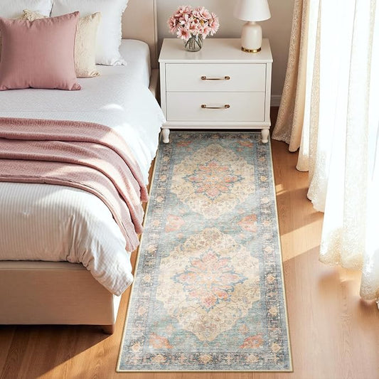 RELEANY Area Rugs Runner 2'x8' Washable Non-Slip, Floral Vintage Distress Medallion Carpet for Kitchen Hallway Bedroom Beside Laundry Room Bathroom, Blue Orange Red