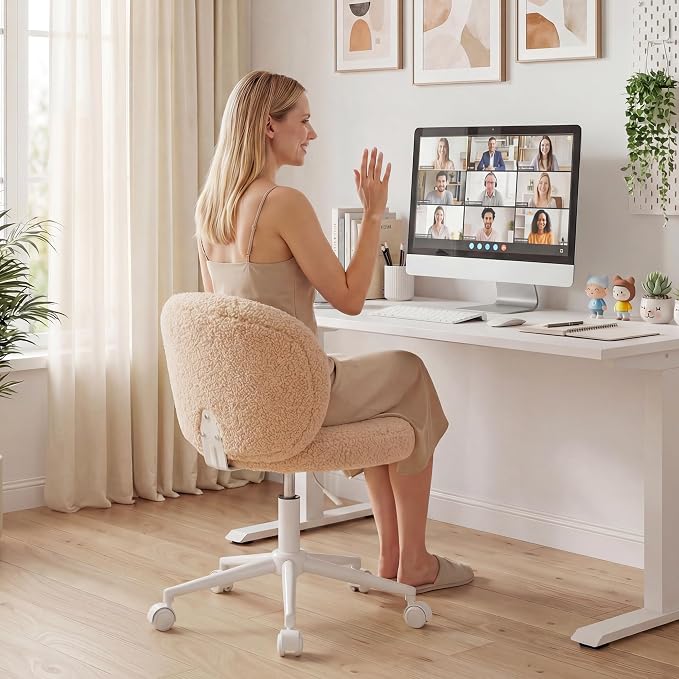 Homkdom Round Vanity Chair with Wheels, Ultra-Soft Desk Chair, Height Adjusts to Your Mirror, Silent Casters, Cute Bedroom Dressing Chair for Daily Beauty Routines, Yellow