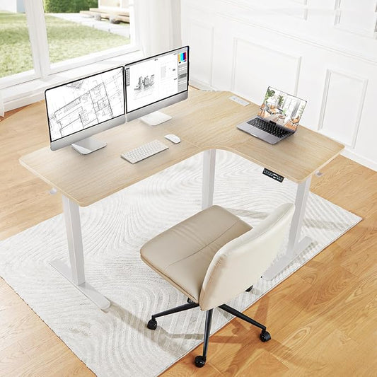 HUANUO 63″ L-Shaped Standing Desk, Built-in Power Outlets, Electric Height Adjustable Corner Computer Desk, Large Power Strip Holder, Sit Stand Up Desk with 3 Preset Heights, Natural Wood