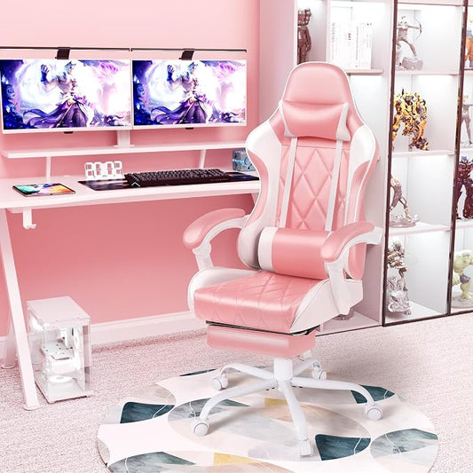 Shahoo Gaming Chair with Footrest and Massage Lumbar Support, Ergonomic Office Computer Seat Height Adjustable with Headrest, Pink