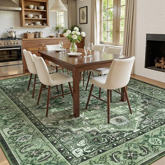 Lofus 5x7 Washable Rugs Non-Slip, Vintage Floral Area Rug for Living Room Bedroom Dining Room Kitchen, Low Pile Distress Print Medallion Carpet Home Decor Rug, Floral Sage Green