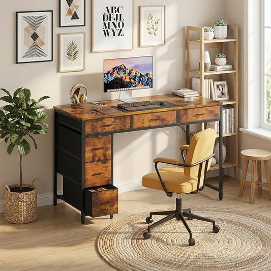 HLDIRECT 47" Computer Desk with 6 Drawers, Home Office Desk with Large Storage for Home Office,Gaming,Writing Study,Work (Brown)