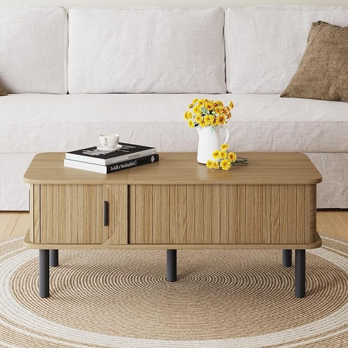 TV Stand and Coffee Table Set of 2, Mid Century Modern Lift Top Coffee Table, TV Console Table Living Room Table Sets for Living Room, Bedroom, Home Office, Oak