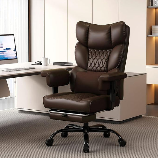 Misolant Big and Tall Office Chair with Footrest, High Back Executive Desk Chair with Adjustable Lift Armrest, 155°Recline,Lumbar Support Pillow, Faux Leather Gaming Chairs for Home or Office Brown