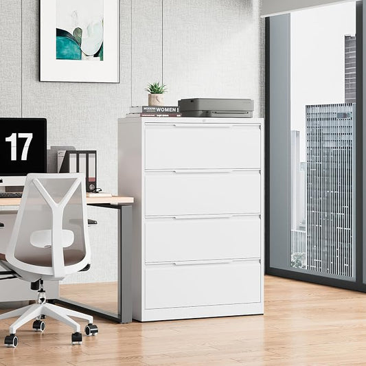 Bestoo 4 Drawer Lateral File Cabinet with Lock Heavy Duty Large Metal Filing Cabinet Home Office Cabinets Wide Steel Cabinets for Legal/Letter Size, White Assembly Required