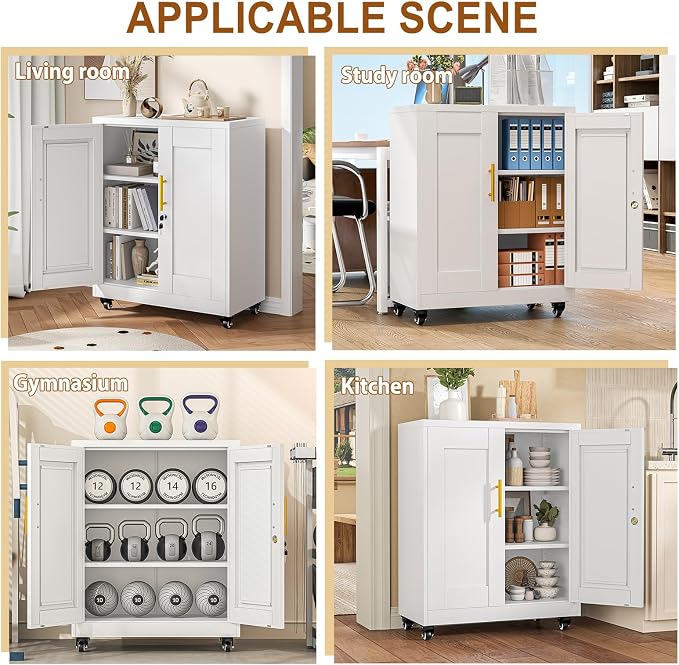 36" Metal Garage Storage Cabinet with Lock and Wheels,Rolling Steel Locker Organizer,Office File Cabinet with 2 Doors and 2 Adjustable Shelves,Tool Cabinets for Home Office,Gym,School (White)