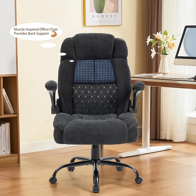 Massage Office Chair, 500LBS Ergonomic Rocking Executive Desk Chairs with 4 Points Vibration&Heat,Padded Flip-up Armrests for Big and Tall Office Chair,Swivel Computer Chair Thicken Back,Fabric Black