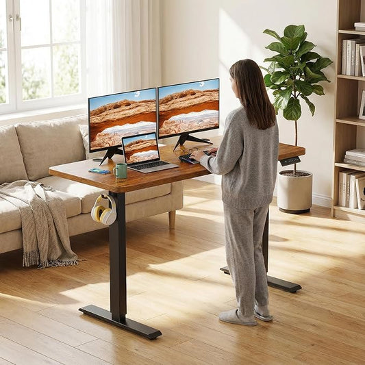 farexon Electric Standing Desk Adjustable Height, 48x 24 Inches Sit Stand Up Computer Desk with Double Metal Hook,4 Memory Preset Heights, 27''-46'' Lifting Range for Home/Office(Brown)