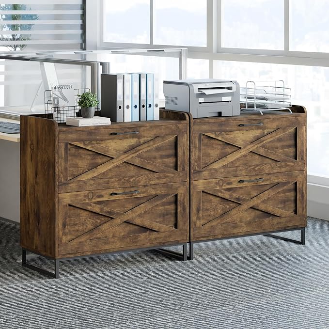2 Drawer Lateral File Cabinet, Filing Cabinet with Charging Station for Letter/Legal/A4 Size Hanging Files, Modern Farmhouse File Storage Cabinet for Home Office, Printer Stand with Storage, Brown