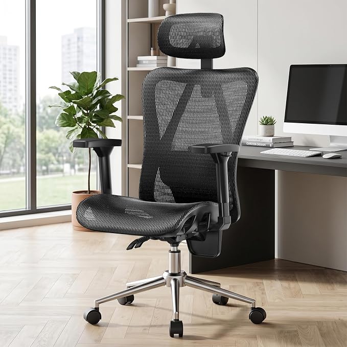 naspaluro Ergonomic Office Chair Mesh Desk Chair with Adjustable Headrest Lumbar Support 3D Armrest 90-135° Reclining Chairs for Home Office, Study, Work & Gaming (Black)