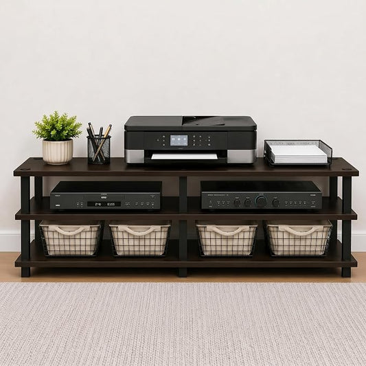 Furinno TURN-S-TUBE Toolless Assembly 3-Tier TV Stand, Entertainment Center for TV up to 55 Inch, Wide Printer Stand with Storage Shelf, for Living Room, Bedroom, Dark Brown