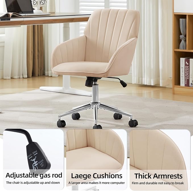 Velvet Home Office Desk Chair, Modern Cute Computer Task Chair with Back, Height Adjustable Upholstered Vanity Chair with Swivel Wheels for Women, Girls (Silver Base, Oatmeal
