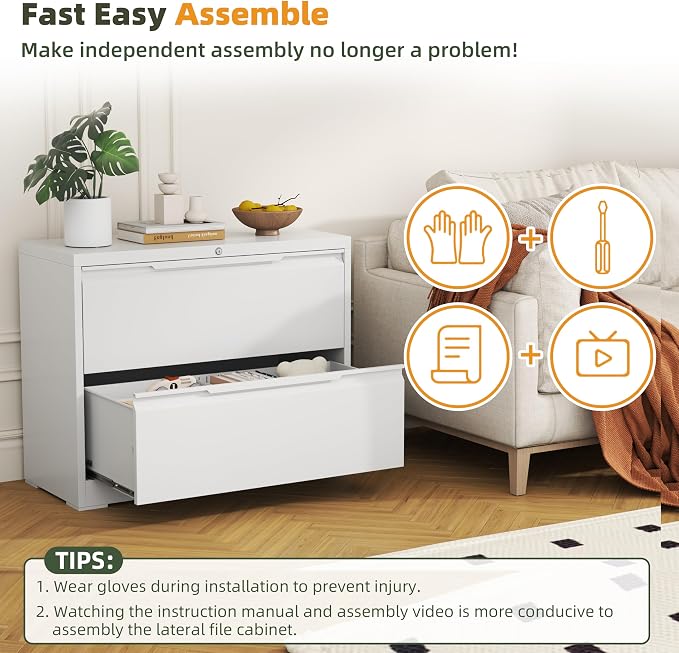 Lateral File Cabinet, 2 Drawer Metal File Cabinet with Lock, Lateral Filing Cabinet for Home Office, Office Organization Cabinet for Letter/Legal/F4/A4 Size,White