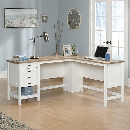 Sauder Cottage Road L Shaped Desk Computer Desk with Drawers, Home Office Desk with Optional File Cabinet Storage, Cable Management, in Soft White Finish