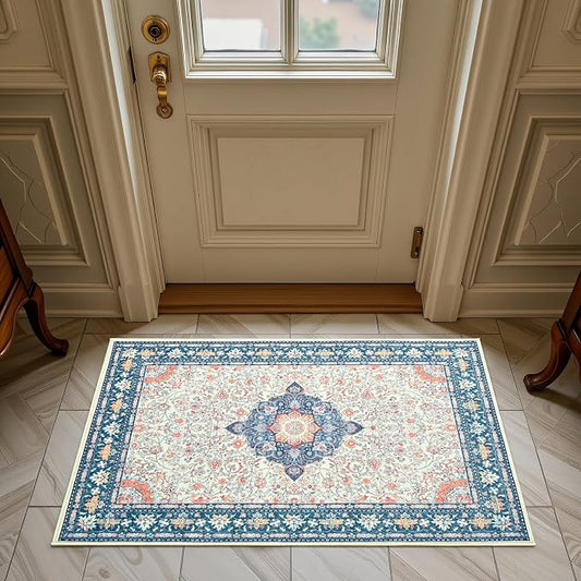 Goideal Washable Rug 2x3, Vintage Area Rugs Non Slip, Indoor Low Pile Carpet with Rubber Backing for Kitchen Bathroom Entryway Office Bedroom,Cream & Navy