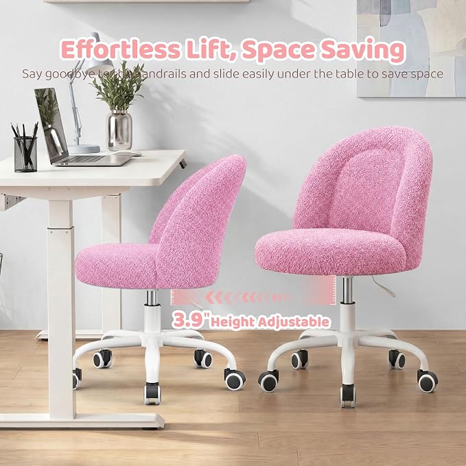 DurayLoly Vanity Chair Armless Cute Desk Chair with Wheels Soft Teddy Fleece Swivel Task Chair Adjustable Height & Silent Casters Ideal for Vanity Table, Bedroom & Dorm Lilac Purple