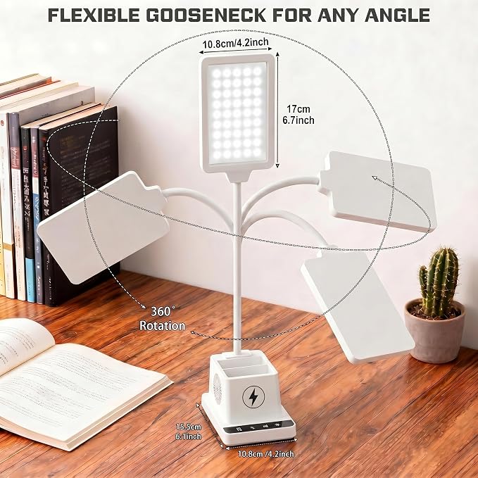 cozoo LED Desk Lamp for Home Office, Desk Light with 15W Wireless Charger Pen Holder, 12 Lighting Modes Desk Lamp for Bedroom, Small Table Lamp for College Dorm, Study, Craft, Nail, White