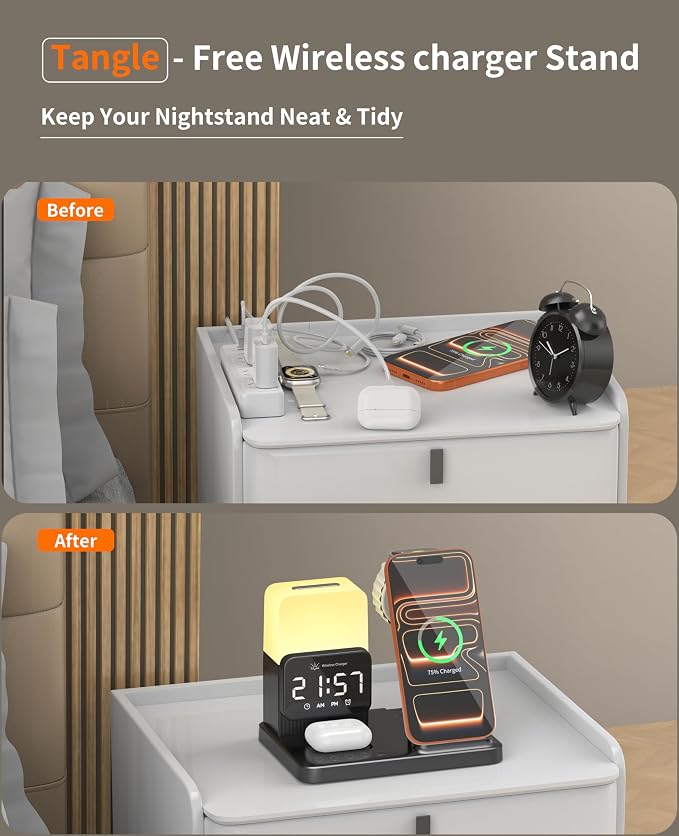 6-in-1 Wireless Charging Station,Charger Stand for Apple Devices,for iPhone 17-12 Pro Max Watch Airpods,Wireless Charger iPhone Charging Station with Night Light/Alarm Clock Gifts for Fathers Day