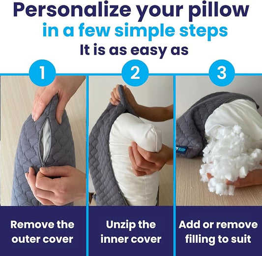 Sidney Sleep Adjustable Curved Pillows for Neck and Shoulder Support with Extra Shredded Fill - Cervical Contour Pillow for Side and Back Sleeper - King Size - 19" x 36" CertiPUR-US Certified (Grey)