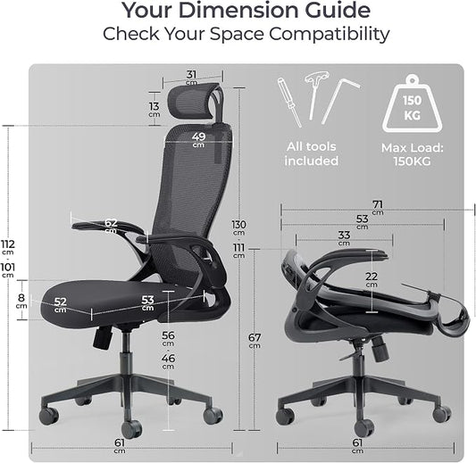 Tervo Model U | Folding Office Chair for Small Spaces | Gaming Chair for Adults & Kids | Ergonomic Mesh Computer Chair for Bedroom | Foldable Desk Chair for Home Work (Midnight Black Headrest)