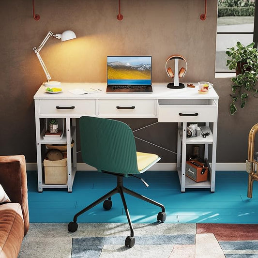 ODK Office Small Computer Desk: Home Table with Fabric Drawers & Storage Shelves, Modern Writing Desk, White, 48"x16"