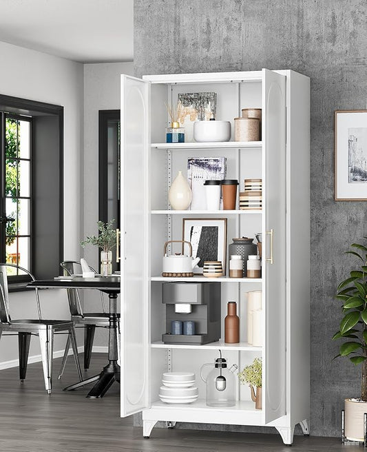 75" Tall Metal Storage Cabinet with 2 Doors and 4 Adjustable Shelves, Heavy Duty Steel Pantry Cabinet for Home Office, Kitchen, Garage and Laundry Room, White