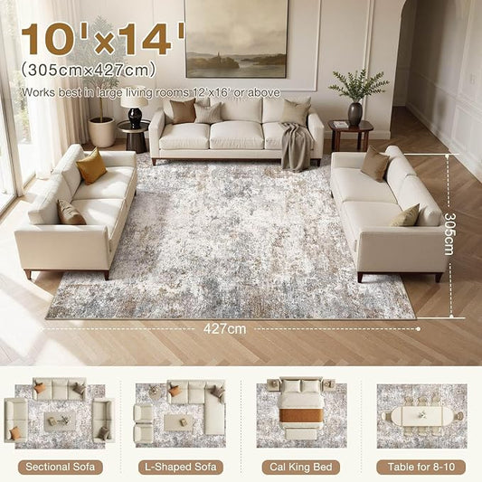 UERMEI 10x11 Area Rug Living Room Rugs - Washable Neutral Modern Abstract Soft Thin Rug Indoor Floor No Slip Rug Carpet for Bedroom Under Dining Table Home Office Decor - Brown Grey