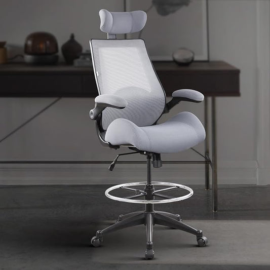 BOLISS 400lbs High Back Computer Office Drafting Chair Flip up Armrests Lumbar Support Adjustable Big Footrest Ring (Grey)