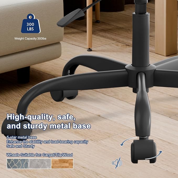 Misolant Vanity Chair with back, Small Armless Cute office Chair with wheels and Lumbar support, Comfy PU Leather Desk Computer Chairs with Adjustable Height, 360°Swivel for Home Bedroom Office, Black