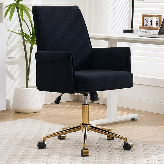 YITAI Stripes Velvet 360°Swivel Desk Chair, Modern Height Adjustable Home Office Armchair with Gold Base and Wheels for Vanity, Comfy Computer Chair for Study Living Room Bedroom(Black)