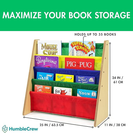 Humble Crew Kids Bookshelf, 4-Tier Front-Facing Book Display Organizer, Montessori Toddler Bookcase for Playroom, Bedroom & Reading Corner, Natural Wood/Primary