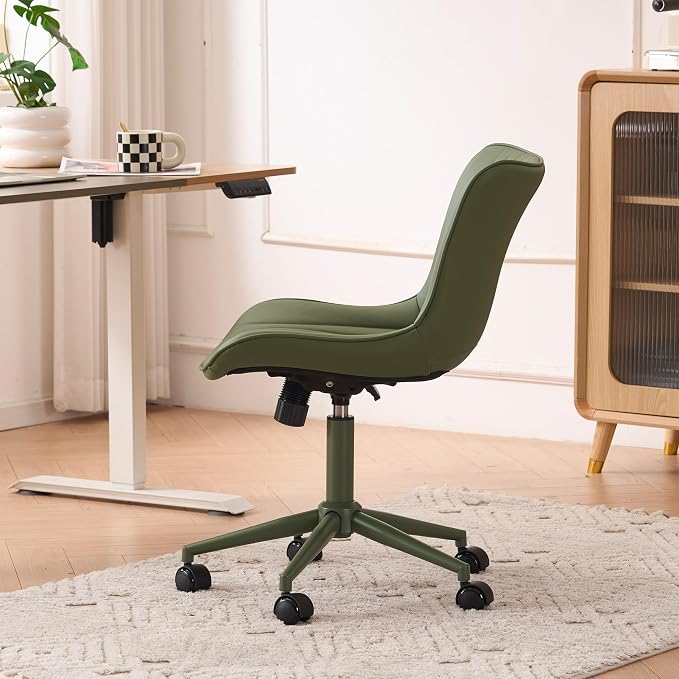 YOUTASTE Green Armless Office Chair, Modern Adjustable Swivel Desk Chair with Wheels, Upholstered PU Leather, Green Metal Legs, Back Support for Home Office, Study, Vanity, Bedroom
