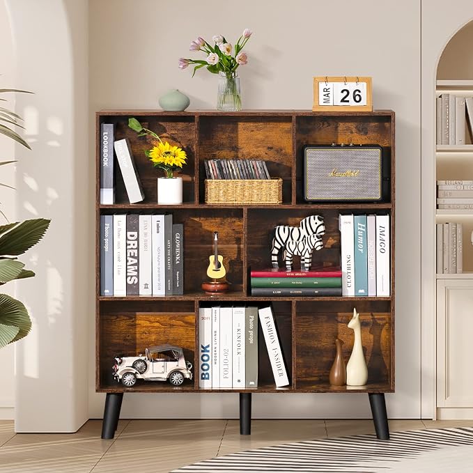 LEYAOYAO 8 Cube Bookshelf,3 Tier Bookcase with Legs,Rustic Brown Mid-Century Modern Bookshelves,Large Open Storage Organizer Shelf, Wooden Book Case